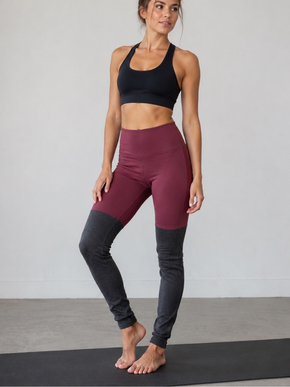ALO Yoga Goddess Ribbed 2-Tone Burgundy gray ruched long Leggings Size Medium